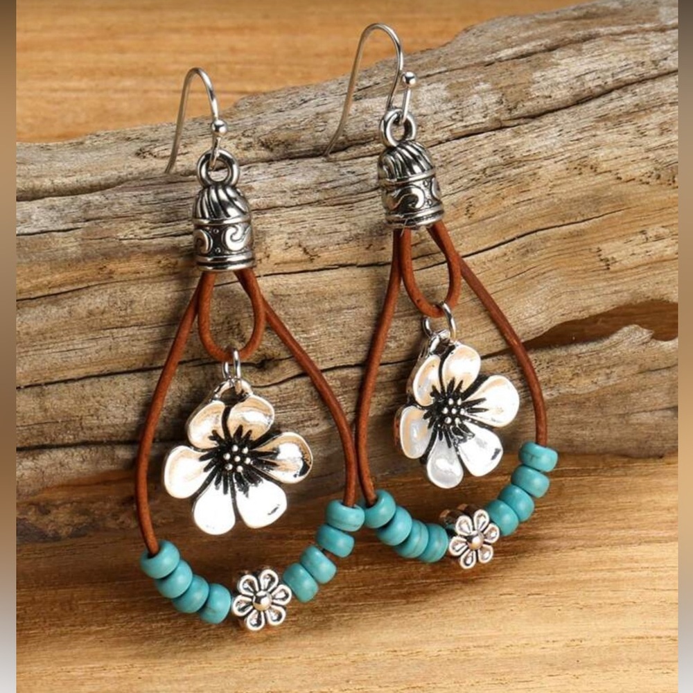 Brown and Silver Floral Dangle Earrings